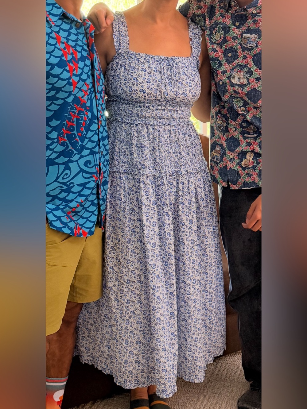 Blue Floral Midi Sundress - Smocked Bodice, Ruffled Straps